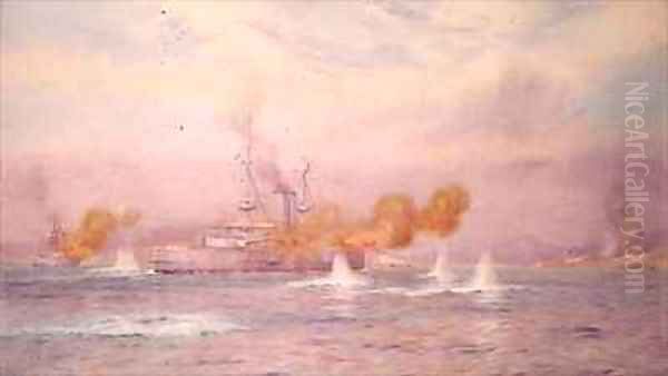 HMS Albion commanded by Capt A Walker Heneage completing the destruction of the outer forts of the Dardanelles in 1915 2 Oil Painting by Alma Claude Burlton Cull