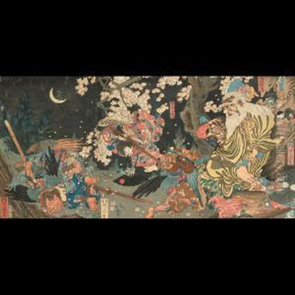 Battling Tengu Oil Painting by Kawanabe Kyosai