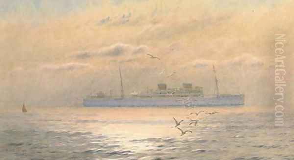 A Union Castle liner in coastal waters at dusk Oil Painting by Alma Claude Burlton Cull