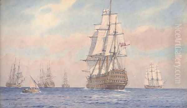 Nelson in H.M.S. Victory joining the fleet off Cadiz prior to the battle of Trafalgar Oil Painting by Alma Claude Burlton Cull