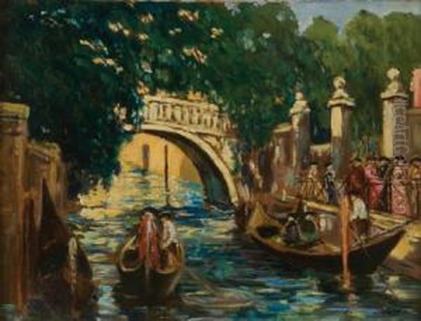 Gondole In Laguna Oil Painting by Vincenzo La Bella