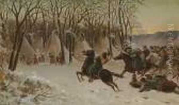 Custer Attacking An Indian Village Oil Painting by William de la Montagne Cary