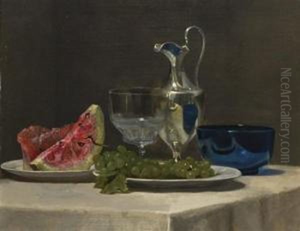 Study Of Silver, Glass And Fruit Oil Painting by John La Farge