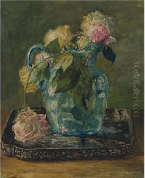 Roses In A Blue Crackle Glass Pitcher Oil Painting by John La Farge