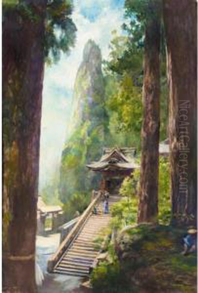 Rocks At Temple Of Haruna, Karamon Gate And Hoko Gatake Rock Oil Painting by John La Farge