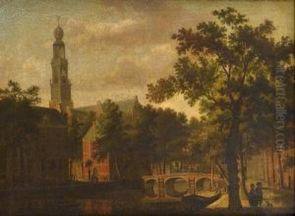 The Westerkerk, Amsterdam, With 
Figures On A Canal Path With A Horsedrawn Carriage Crossing A Bridge 
Beyond Oil Painting by Paulus Constantin La Fargue