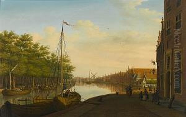 A Dutch Townscape With Barges On A Canal Oil Painting by Paulus Constantin La Fargue