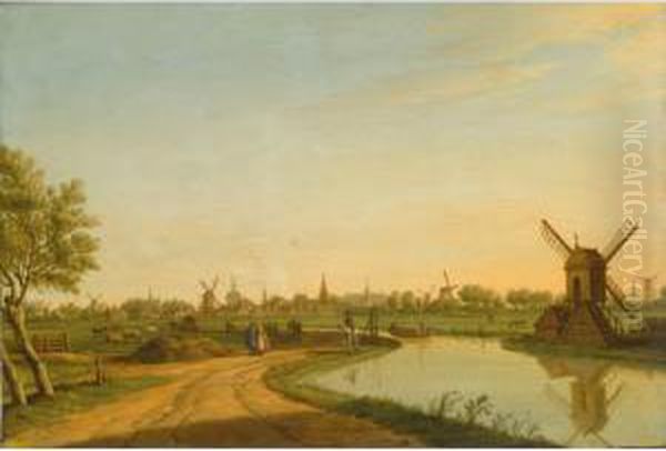 A View Of Leiden Looking From 
The North To The South With A Tow-boat On The Haarlemmertrekvaart, The 
Marekerk, The Tower Of The Stadhuis, The Onze Lieve Vrouwe Kerk, The 
Pieterskerk And The Wittepoort To The Far Right Oil Painting by Paulus Constantin La Fargue