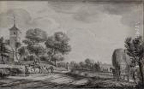 View Of Oegstgeest, With Figures On A Path And A Hay Wagon To The Right by Paulus Constantin La Fargue