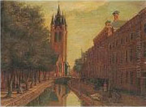 Delft, A View Of Oude Delft Looking South Towards The Oude Kerk Oil Painting by Paulus Constantin La Fargue