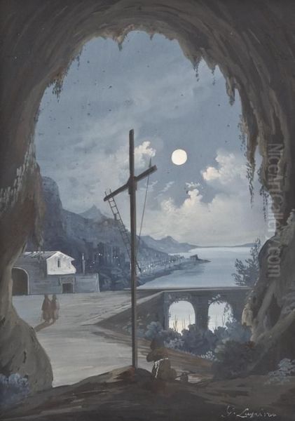 Veduta Notturna Di Amalfi Dalla Grotta Deicappuccini Oil Painting by Gioacchino La Pira