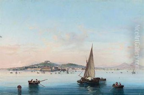 Shipping In A Calm In The Bay Of Naples With Vesuvius Eruptingbeyond Oil Painting by Gioacchino La Pira