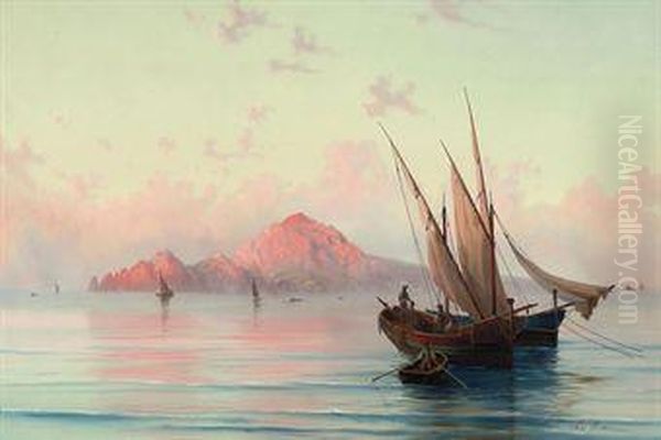 Fishermen Off The Coast Of Capri Oil Painting by Gioacchino La Pira