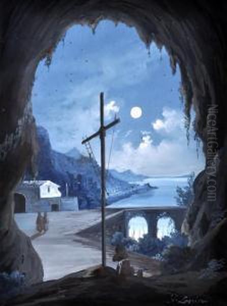 Amalfi Di Notte Dal Convento Dei Cappuccini Oil Painting by Gioacchino La Pira