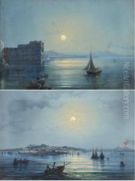 Vesuvius Flaring A Pair Oil Painting by Gioacchino La Pira