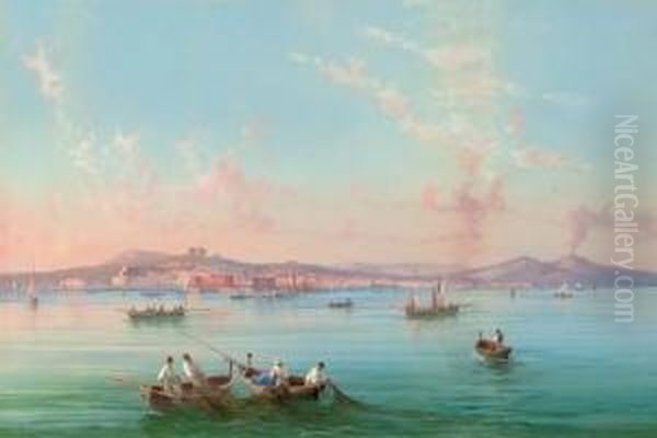 Hauling In The Nets In The Bay Of Naples, Vesuvius Beyond Oil Painting by Gioacchino La Pira