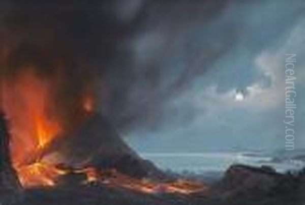 The Bay Of Naples; Vesuvius In Eruption With The Bay Of Naples In The Distance, A Pair Oil Painting by Gioacchino La Pira