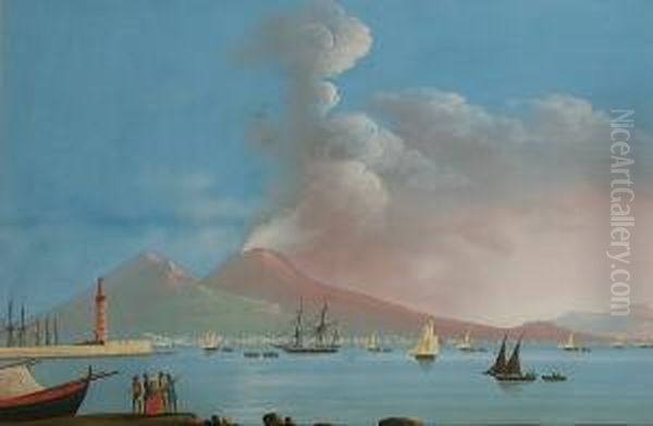 The Bay Of Naples And Mount Vesuvius By Day, And Another Of The Same View By Night Oil Painting by Gioacchino La Pira