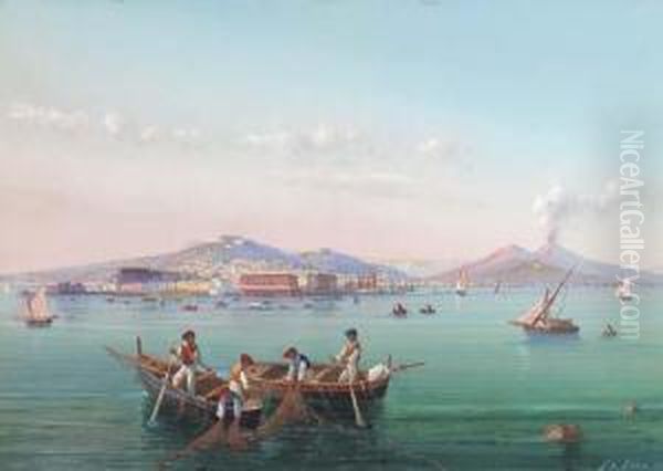 Fishermen Hauling In Their Nets In The Bay Of Naples Oil Painting by Gioacchino La Pira