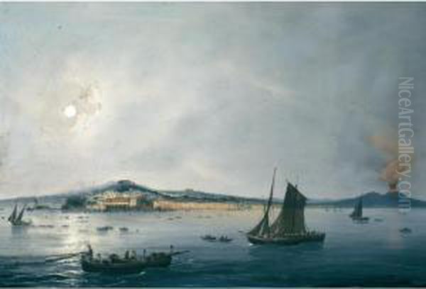 Veduta Notturna Di Napoli Dal Mare Col Vesuvio In Eruzione Oil Painting by Gioacchino La Pira