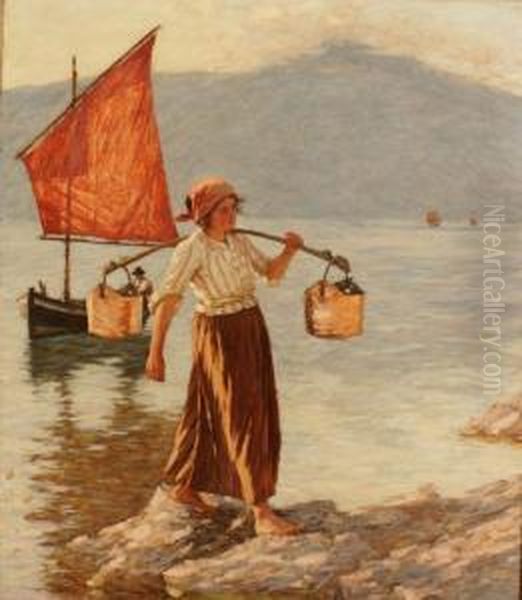 Fetching Water From Lake Garda Oil Painting by Henry Herbert La Thangue