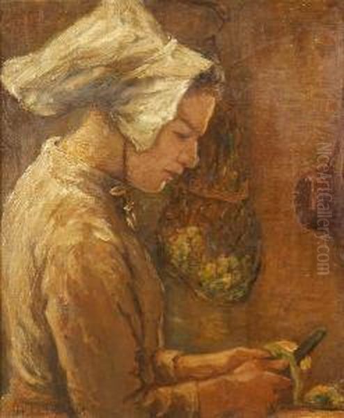 A Peasant Girl Peeling Apples Oil Painting by Henry Herbert La Thangue