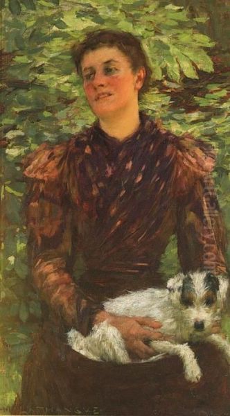 A Girl With A Puppy Oil Painting by Henry Herbert La Thangue