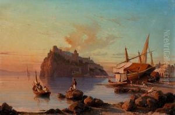 Abendliche Stimmung Auf Ischia Mit Dem Castello Aragonese. Oil Painting by Alessandro la Volpe