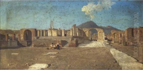 Vue De Pompei Avec Un Groupe De Paysans Oil Painting by Alessandro la Volpe