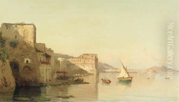 A View On Palazzo D'anna And The Bay Of Naples, The Vesuvius In The Distance Oil Painting by Alessandro la Volpe