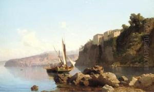 Fishing Vessels Drying Their Sails Off The Coast Of Capri Oil Painting by Alessandro la Volpe