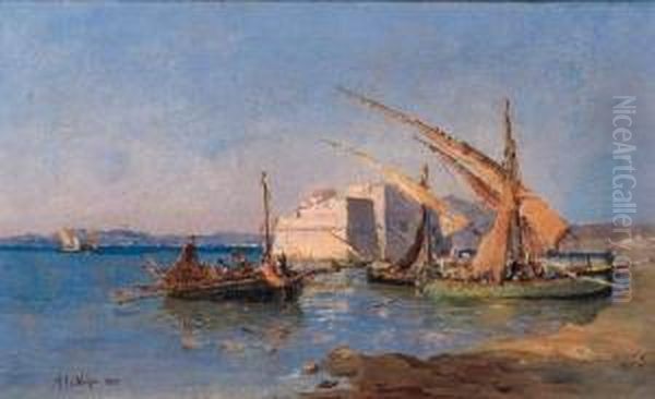 Barche Con Pescatori A Riva 1885 Oil Painting by Alessandro la Volpe