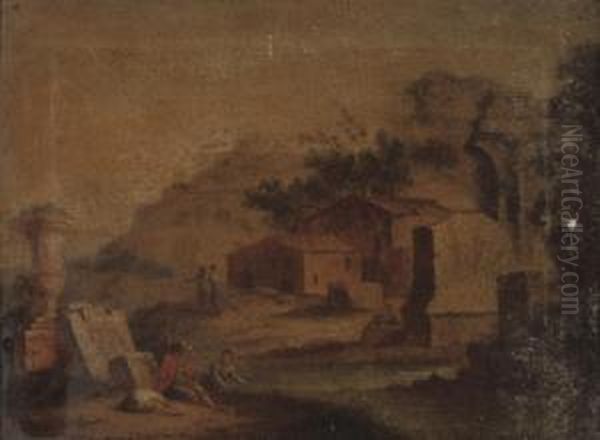 An Italianate Landscape With 
Cattle Drinking At A Trough; And An Italianate River Landscape With 
Figures And Classical Ruins In The Foreground, A Town Beyond Oil Painting by Carlo Labruzzi