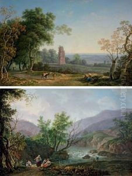 An Italianate Landscape With 
Peasants On A Path, An Ancient Mausoleum Beyond; And An Italianate River
 Landscape With Peasants Seated On A Bank Oil Painting by Carlo Labruzzi