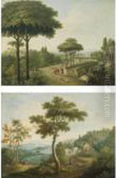 A Pair Of Italianate Landscapes With Travellers On Roads Oil Painting by Carlo Labruzzi