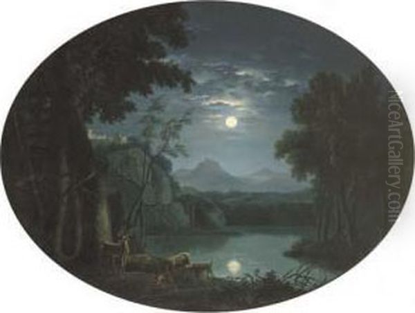 A Moonlit Landscape With Deer By A Lake, A Hilltop Castlebeyond Oil Painting by Carlo Labruzzi