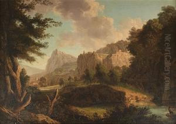 A Rocky River Landscape With A 
Figure In A Boat, A Hilltop Ruin And A View To A Village Beyond Oil Painting by Carlo Labruzzi