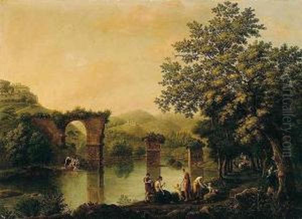 Italian Landscape With Classical Figures On A Riverbank Oil Painting by Carlo Labruzzi