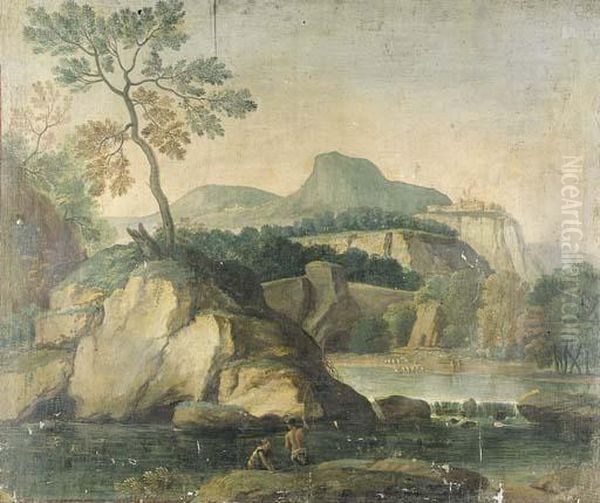 Paesaggio Fluviale Con Astanti In Primo Piano Oil Painting by Carlo Labruzzi