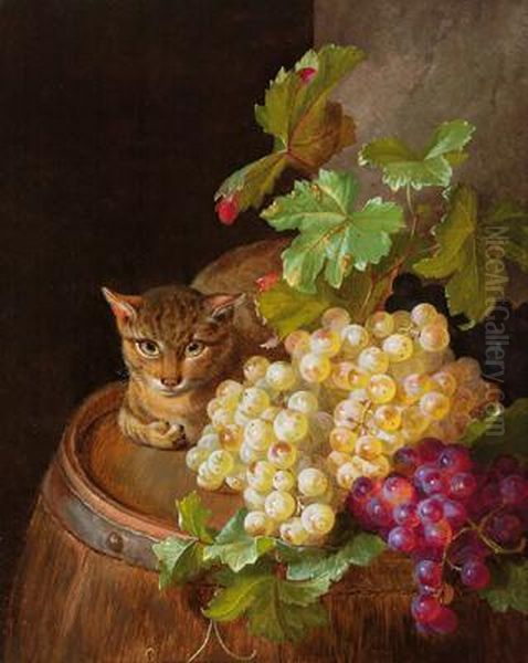 Traubenstillleben Mit Liegender Katze Oil Painting by Andreas Lach