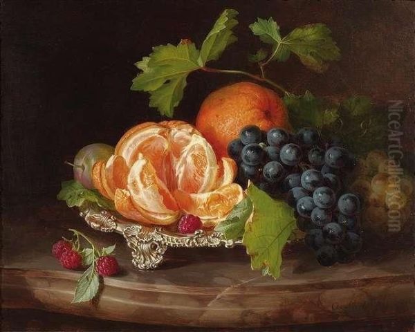 Still-life With Grapes, Raspberries And Oranges In A Bowl Oil Painting by Andreas Lach