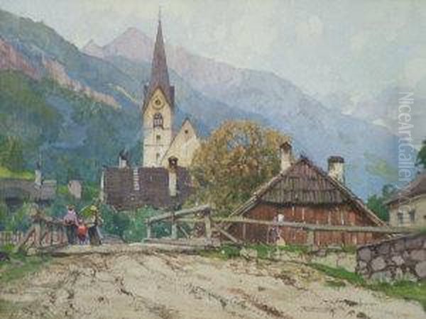 Figures By A Bridge With An Alpine Village Oil Painting by Fritz Lach