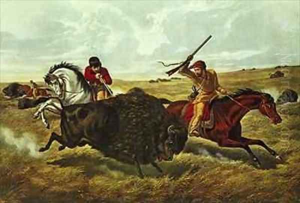 Life on the Prairie the Buffalo Hunt Oil Painting by Currier