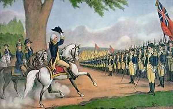 George Washington 1732-99 taking command of the American Army at Cambridge Massachusetts Oil Painting by Currier