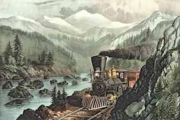 The Route to California Truckee River Sierra Nevada Central Pacific railway Oil Painting by Currier