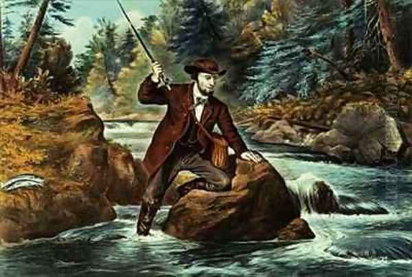 Brook Trout Fishing An Anxious Moment Oil Painting by Currier