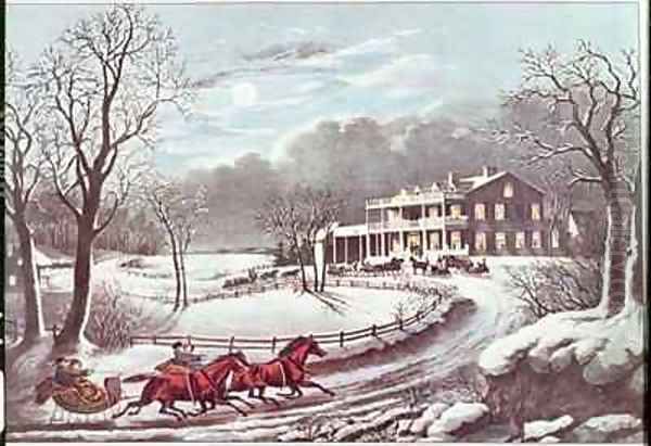 American Winter Evening Scene Oil Painting by Currier