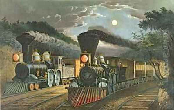 The Lightning Express Trains Oil Painting by Currier