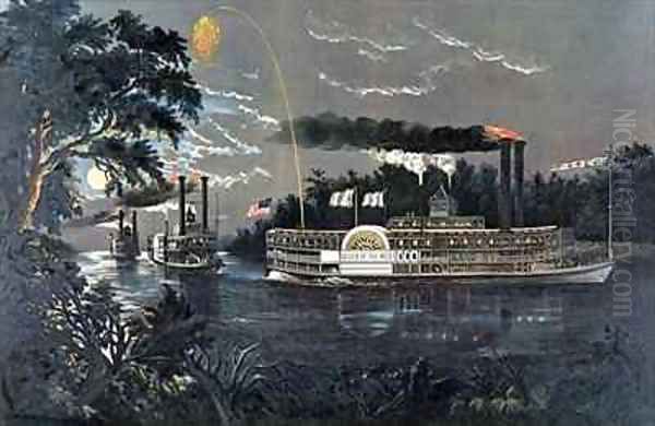 Rounding a Bend on the Mississippi Steamboat Queen of the West Oil Painting by Currier