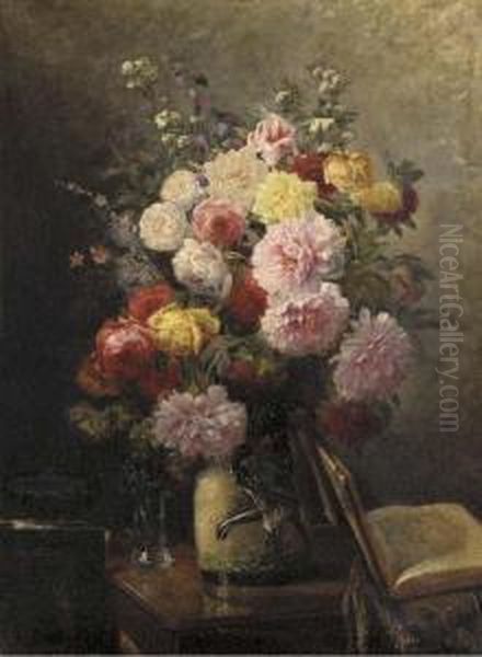 Pink, Red And Yellow Roses In A Ceramic Jug In An Interior Oil Painting by Tristan L. Jules Lacroix